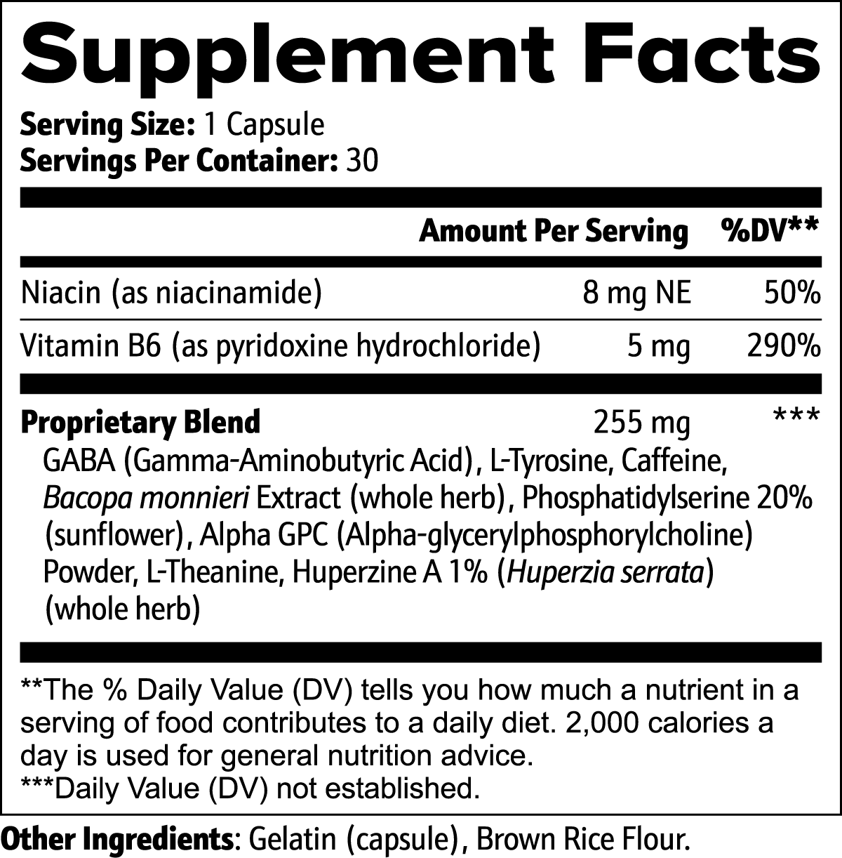 Supplement Facts and other ingredients label for Serelyn Health Mind Clarity.