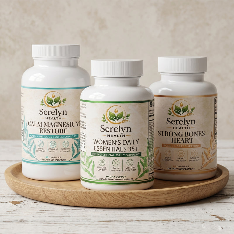 Serelyn Health Calm Magnesium Restore, Women's Daily Essentials 35+, and Strong Bones + Heart supplement bottles displayed together.