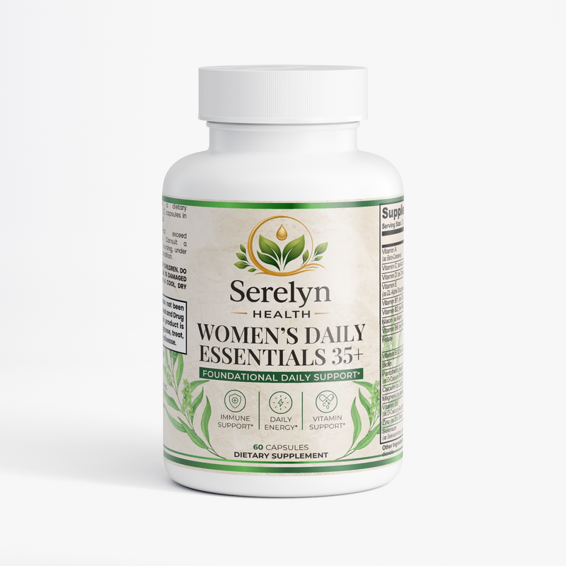 Serelyn Health Women's Daily Essentials 35+ supplement bottle, front label