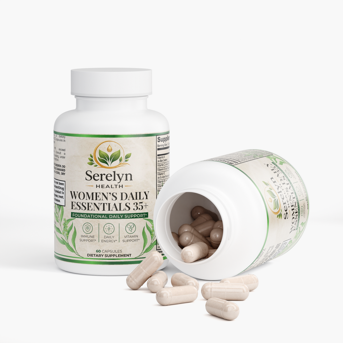 Alternate product view of the Serelyn Health Women's Daily Essentials 35+ supplement bottle.