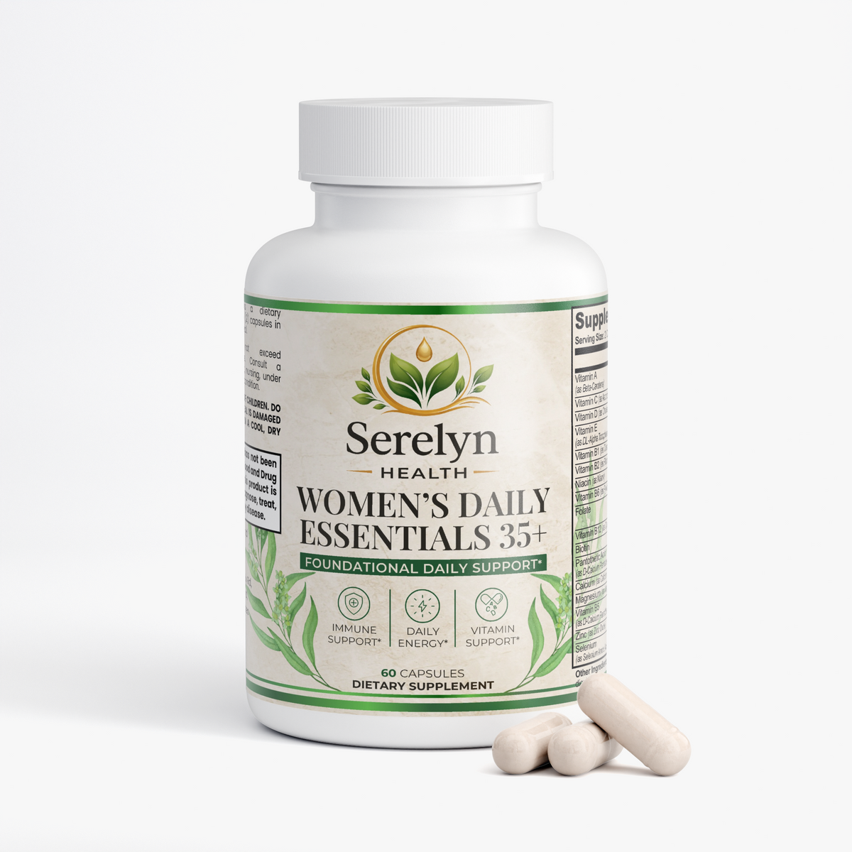 Alternate product view of the Serelyn Health Women's Daily Essentials 35+ supplement bottle.