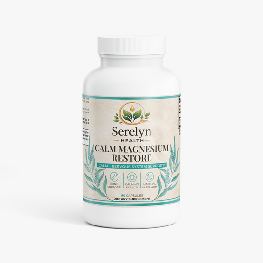 Serelyn Health Calm Magnesium Restore supplement bottle, front label