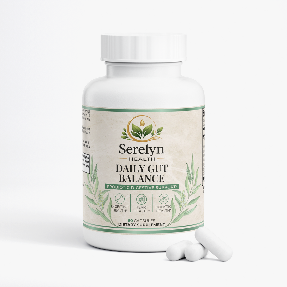 Alternate product view of the Serelyn Health Daily Gut Balance supplement bottle.