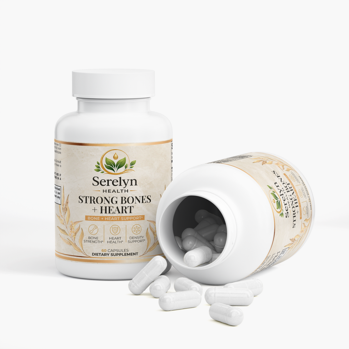 Alternate product view of the Serelyn Health Strong Bones + Heart supplement bottle.