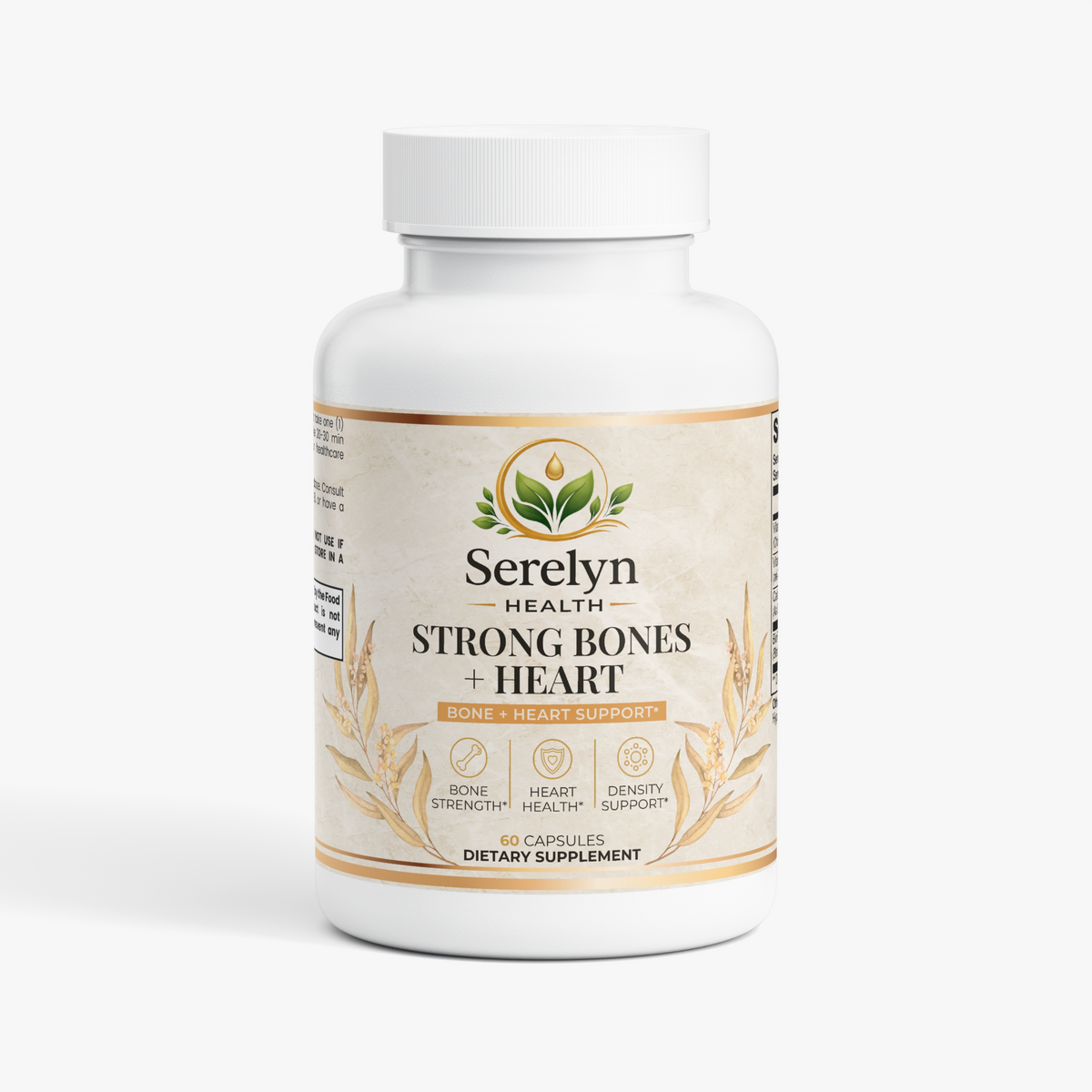 Serelyn Health Strong Bones + Heart supplement bottle, front label