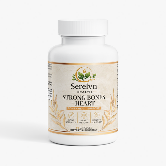 Serelyn Health Strong Bones + Heart supplement bottle, front label