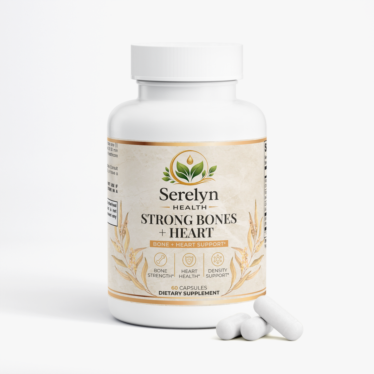 Alternate product view of the Serelyn Health Strong Bones + Heart supplement bottle.