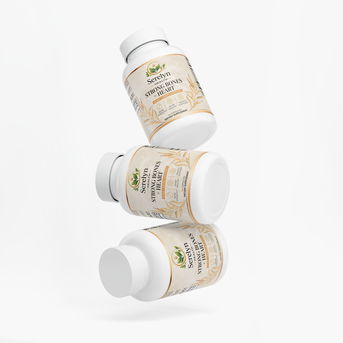 Alternate product view of the Serelyn Health Strong Bones + Heart supplement bottle.