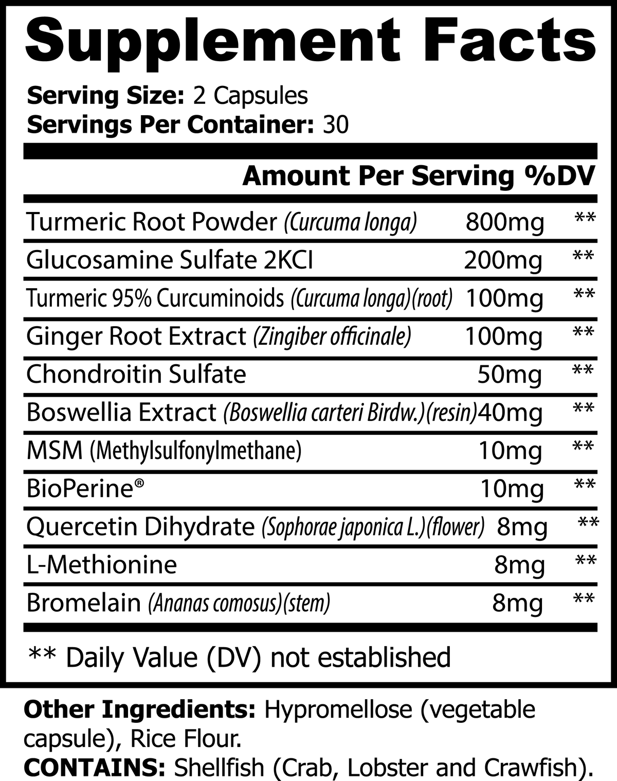 Supplement Facts and other ingredients label for Serelyn Health Joint Comfort + Recovery.