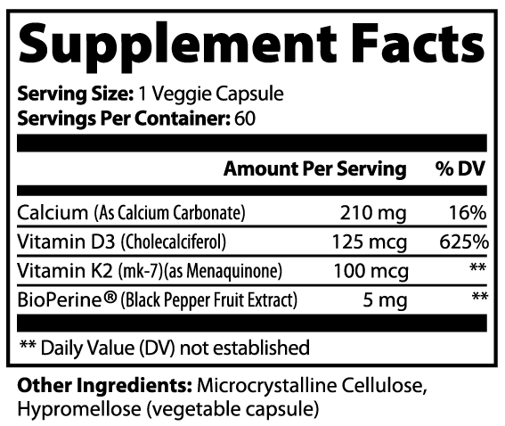 Supplement Facts and other ingredients label for Serelyn Health Strong Bones + Heart.