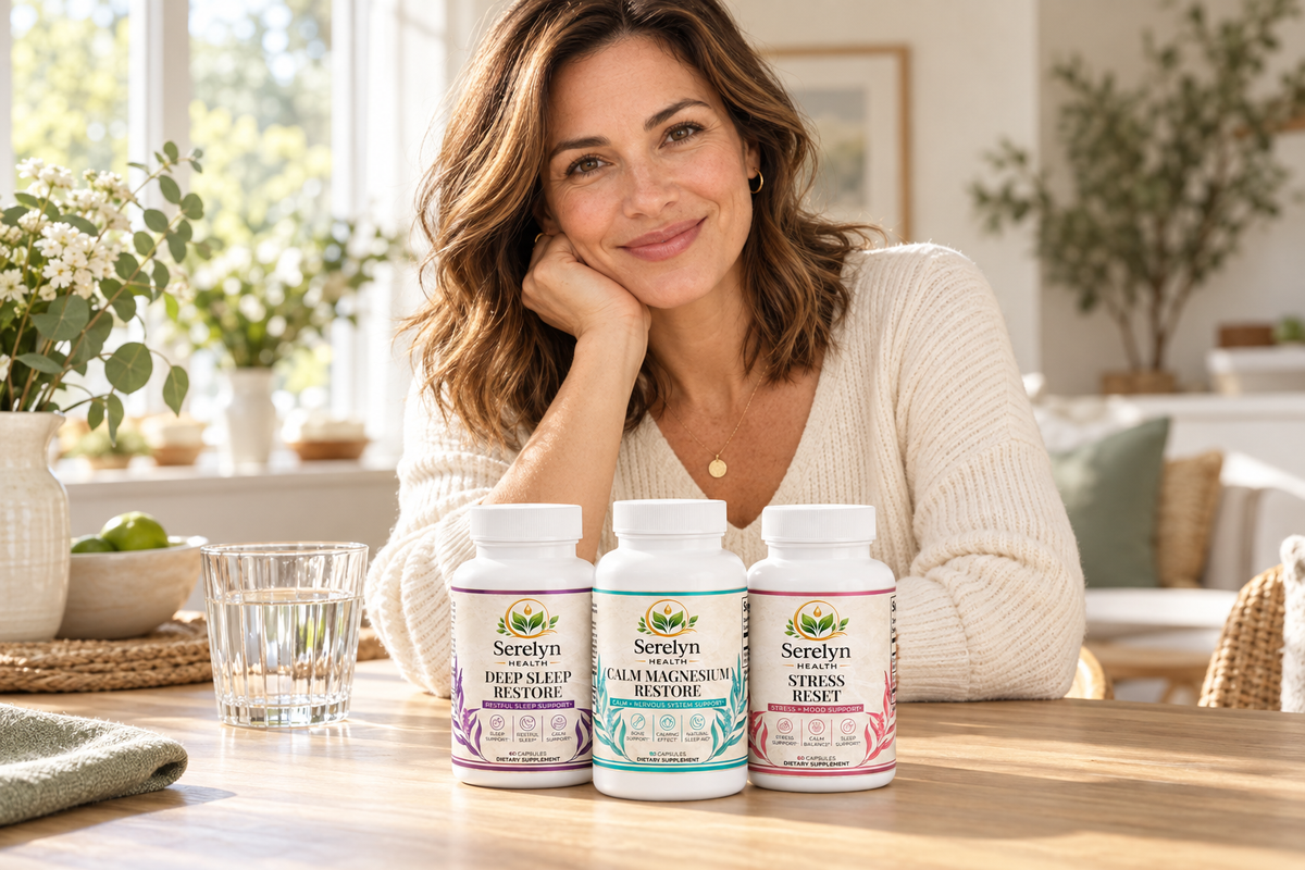 Illustrative lifestyle scene with a woman and Serelyn Health supplements on a table
