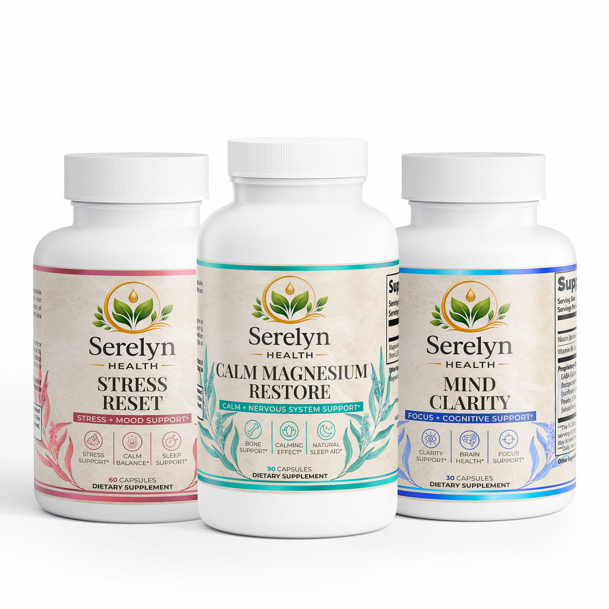 Serelyn Health Stress Reset Stack with three supplement products